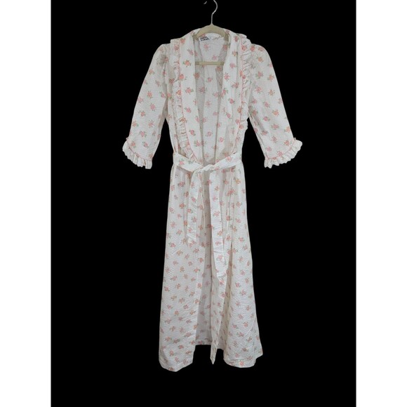 Miss Elaine Other - Vintage Miss Elaine Seersucker Robe Floral Ruffles Bows 3/4 Sleeve Union Made S